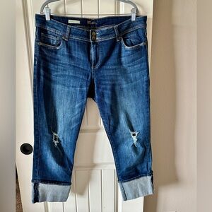 Kut from the Kloth Jeans Cameron Straight Crop Rolled Cuffs Distressed Blue Sz14
